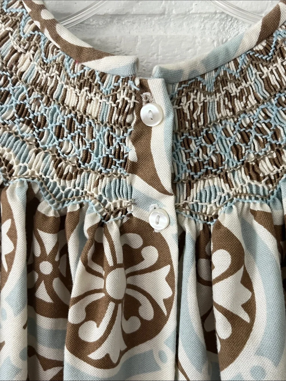 Le’ Za Le Hand Smocked Puff Sleeve 100% Cotton Dres Blue & Brown Geometric Print